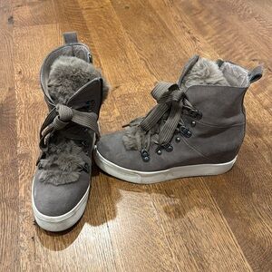 J Slides NYC Women’s Hightop Wedge Sneakers Grey and Cream